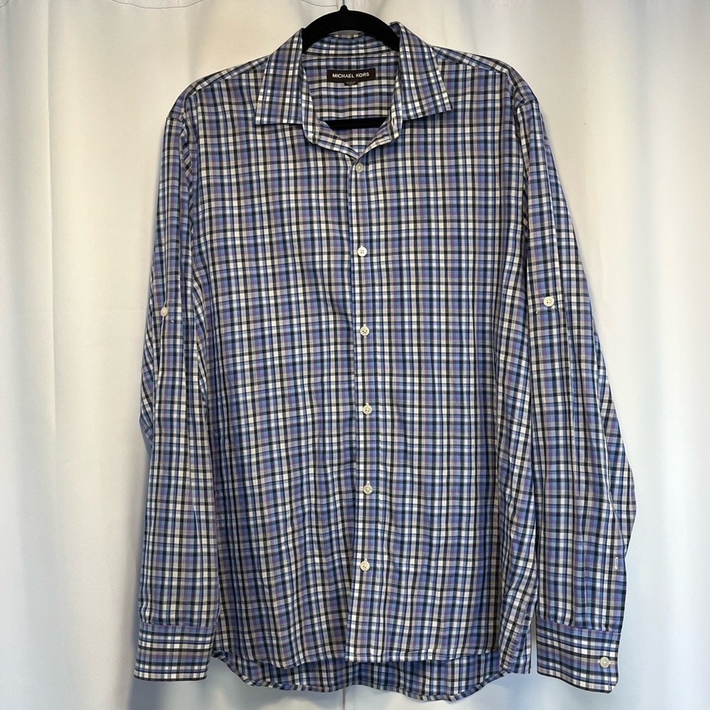 Michael Kors Blue and White Plaid Button-Down Shirt